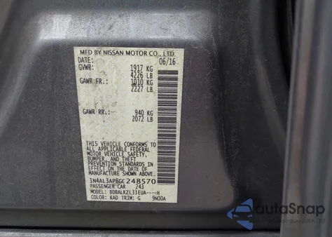 2016 Nissan Altima 2.5 Sv z USA, uszkodzony, nr VIN 1N4AL3AP8GC248570